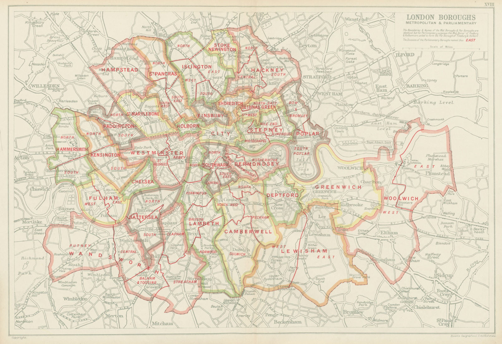 LONDON BOROUGHS. Metropolitan & Parliamentary. Constituencies. BACON 1934 map
